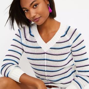 LOFT Striped Open Weave V-neck Sweater